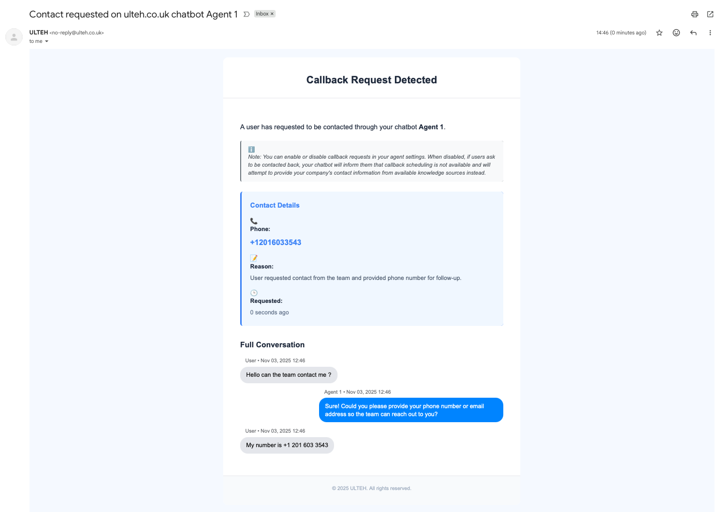 E-pasta paziņojums par pieprasījumu atzvanīt